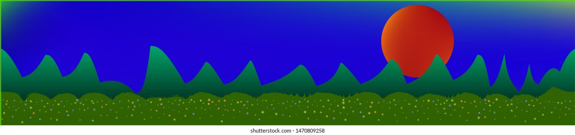 Fancy sky, and mountains landscape. Plain horizontal background illustration. Trendy fairy tale plain design. Crisp glass print fantasy. Horizon, unused. Old game style.