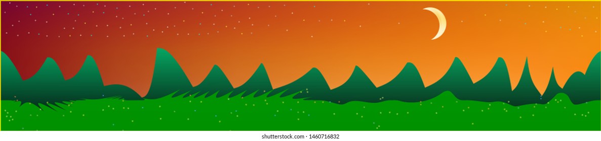 Fancy sky, and mountains landscape. Texture background illustration design. Colorful new glass print design. Crisp glass print fantasy. Horizon, modern. Old game style.
