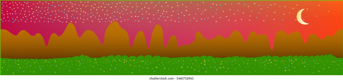 Fancy sky, and mountains landscape. Wide horizontal background. Trendy modern skinali design. Clear glass print fantasy. Horizon, mesh. Old game style.