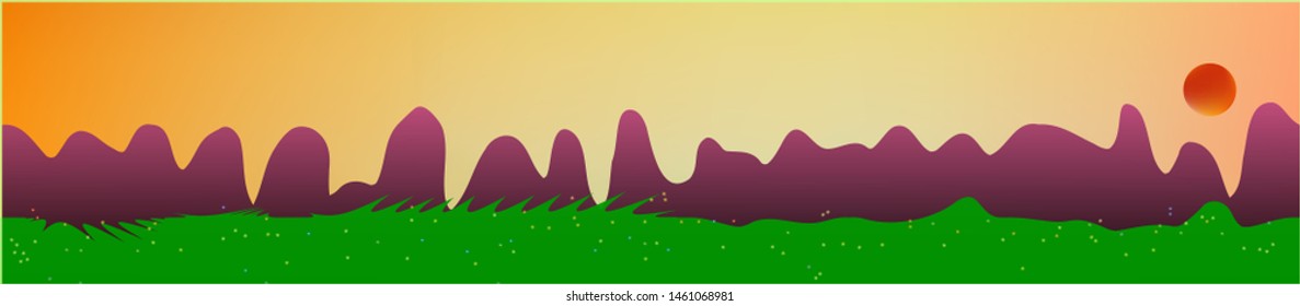 Fancy sky, and mountains landscape. Wide horizontal background. Trendy modern skinali design. Pure glass print fantasy. Horizon, blend. Old game style.