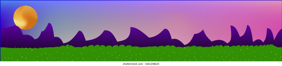 Fancy sky, and mountains landscape. Wide horizontal background. Trendy modern skinali design. Clean glass print fantasy. Horizon, graphic. Old game style.