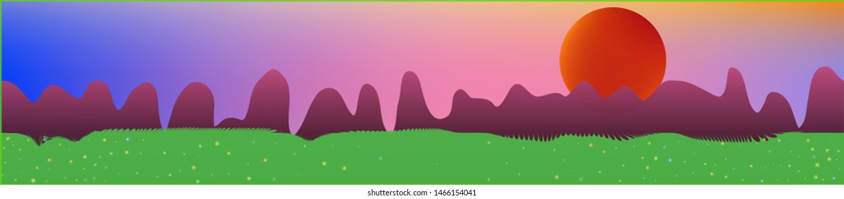Fancy sky, and mountains landscape. Wide horizontal background. Trendy modern skinali design. Pristine glass print fantasy. Horizon, bright. Old game style.