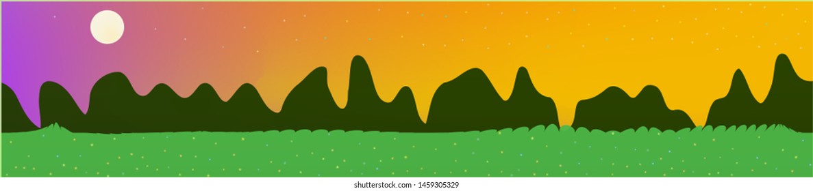 Fancy sky, and mountains landscape. Wonderful landscape texture background. Colorful horizontal pattern texture. Cool glass print fantasy. Horizon, blur. Old game style.