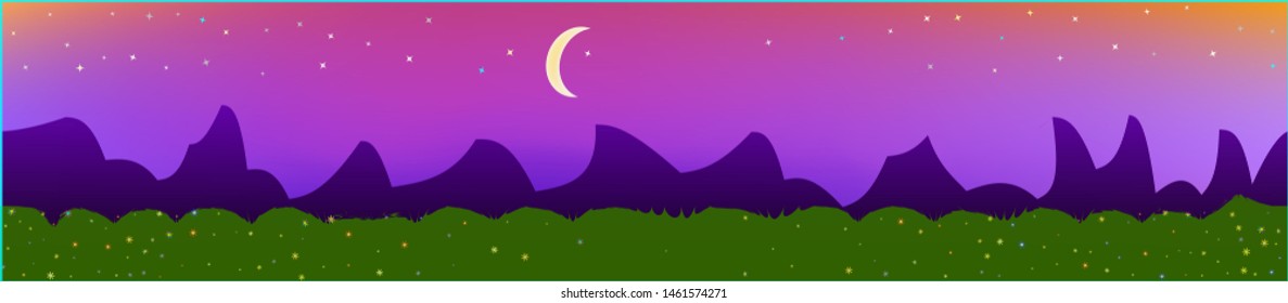 Fancy sky, and mountains landscape. Wonderful landscape texture background. Colorful horizontal pattern texture. Cool glass print fantasy. Horizon, bright. Old game style.