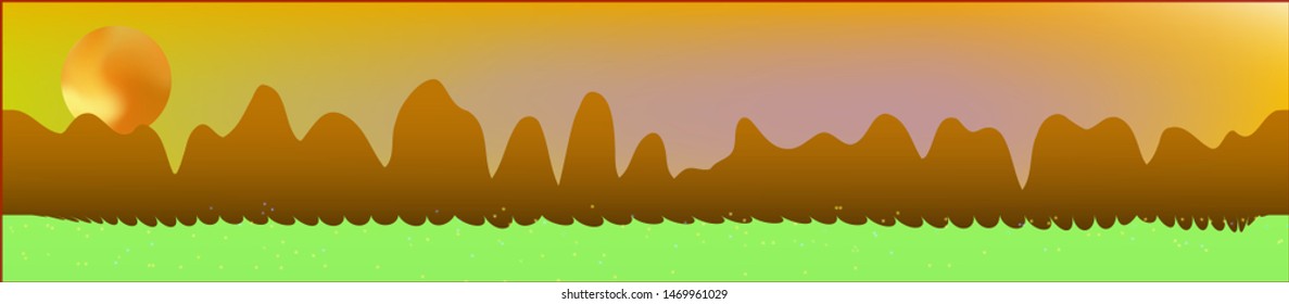 Fancy sky, and mountains landscape. Wonderful landscape texture background. Colorful horizontal pattern texture. Recent glass print fantasy. Horizon, blend. Old game style.