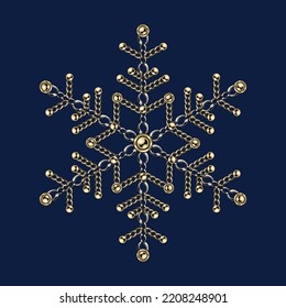 Fancy snowflake made of jewelry gold and silver chains with shiny ball beads. Elegant jewelry illustration for winter sales, christmas, new year holiday, gift decoration.