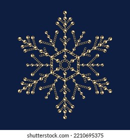 Fancy snowflake made of jewelry gold chains and shiny ball beads. 6 side snowflake. Elegant jewel illustration for winter sales, christmas, new year holiday, gift decoration.