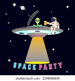 Fancy space party illustration with alien and astronaut 