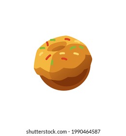 Fancy space planet in shape of donut or cake, cartoon vector illustration isolated on white background. Sweet candy cosmic planet with sugar caramel icing on top.