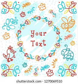 Fancy square template with whimsical bee, butterfly, cutie snail, nestling.Childish style, hand drawn, doodle pattern. Layout of greeting card, invitation, certificate, banner with space for text.