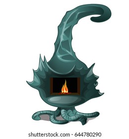 Fancy steel fireplace in dragon style isolated on white background. Vector cartoon close-up illustration.
