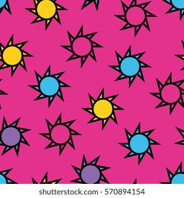 Fancy sun motif decorative seamless pattern background in memphis style