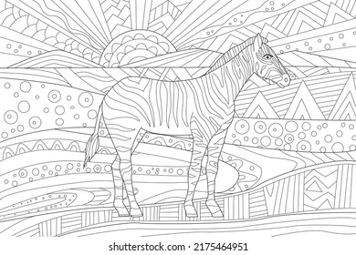 fancy sunrise landscape with zebra for your coloring book