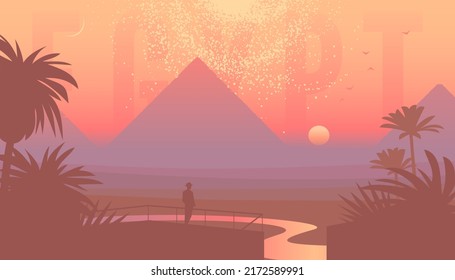 Fancy sunset view and great pyramids in Giza, Cairo