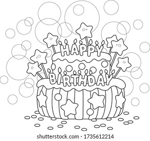 Fancy Sweet Birthday Cake Decorated With Burnings Letters Candles, Black And White Outline Vector Cartoon Illustration For A Coloring Book Page