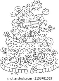 Fancy Sweet Birthday Cake Decorated With A Funny Village House, A Car, Cats And Flowers And Butterflies On A Sunny Summer Day, Black And White Vector Cartoon Illustration For A Coloring Book Page