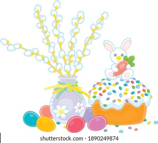 Fancy sweet cake with a small candy rabbit holding a tasty carrot, colorfully painted Easter eggs and willow branches with flowers in a vase, vector cartoon illustration