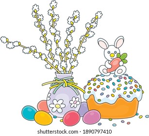 Fancy sweet cake with a small candy rabbit holding a tasty carrot, colorfully painted Easter eggs and willow branches with flowers in a vase, vector cartoon illustration