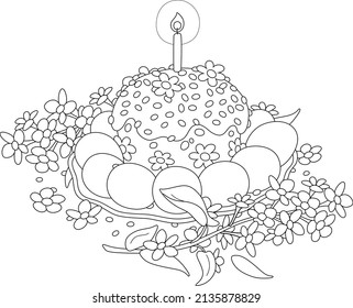 Bastante dulce pastel de vacaciones con una pequeña vela en llamas, huevos de Pascua pintados y ramas de árboles con flores de primavera, dibujos animados vectoriales en blanco y negro para un libro de colores
