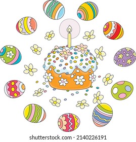 Fancy sweet holiday cake with sugar icing, a small burning candle and colorfully decorated Easter gift eggs, vector cartoon illustration isolated on a white background