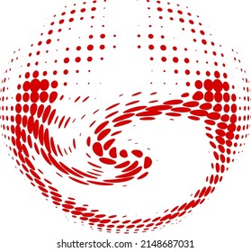 Fancy swirling elongated point cherry sphere,  polka dot wine-colored ball. Halftone dotted. Vector.