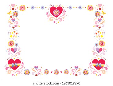 Fancy swirly frame with flowers and hearts. Beautiful border in horizontal format.