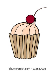 Fancy tart cake with a cherry. Vintage tints and hatching. Eps 10 vector