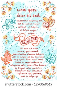 Fancy template with whimsical bee, butterfly, cutie snail, nestling. Vintage childish style, hand drawn, doodle pattern. Layout of greeting card, invitation, certificate, banner with space for text.