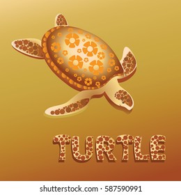 Fancy Turtle. Stylization. Composition of orange-brown background. Turtle in the sand. Design for posters, banners, background for the site.