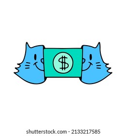 Fancy two half of cat head with dollar inside, illustration for t-shirt, street wear, sticker, or apparel merchandise. With doodle, retro, and cartoon style.