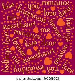 Fancy Valentine' Day background with romantic words of yellow color and orange heart shapes on purple background