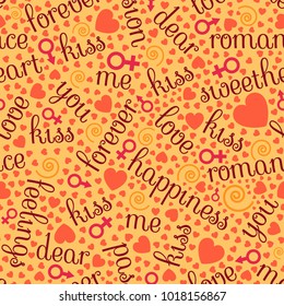 Fancy Valentine' Day seamless pattern with romantic words, heart shapes, man and woman symbols of various colors