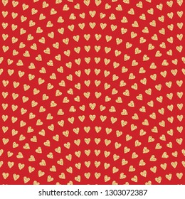 Fancy vector abstract seamless wavy pattern with geometrical fish scale layout. Gold stylized hearts isolated on a red background. Fan shaped Valentine Day ornament. Holiday decoration. Wrapping paper