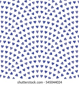 Fancy vector abstract seamless wavy pattern with geometrical fish scale layout. Blue hearts with watercolor painting texture on a white background. Fan shaped Valentine Day ornament. Wrapping paper