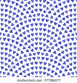 Fancy vector abstract seamless wavy pattern with geometrical fish scale layout. Blue hearts with watercolor painting texture on a white background. Fan shaped Valentine Day ornament. Wrapping paper