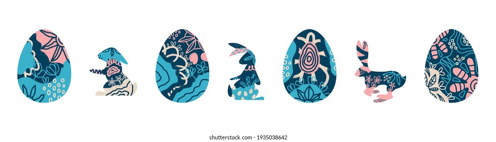 Fancy vector decorations for Easter card, banner, textile. Rabbit and eggs with hand drawn patterns inside the rabbit. All elements are isolated