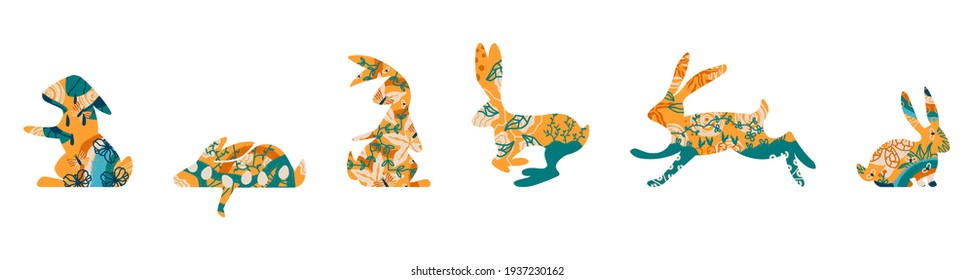 Fancy vector decorations for Easter card, banner, textile. Rabbit with hand drawn patterns inside rabbit. All elements are isolated