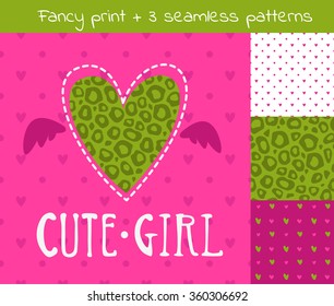 Fancy vector girlish set including print and three seamless patterns, cute elements for girls t-shirt design