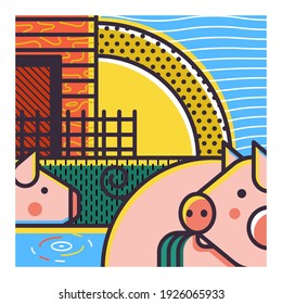 Fancy vector illustration of a pig. Modern illustration for packaging, t-shirt, poster, flyer. Agricultural products industry for your projects. Cute pigs 