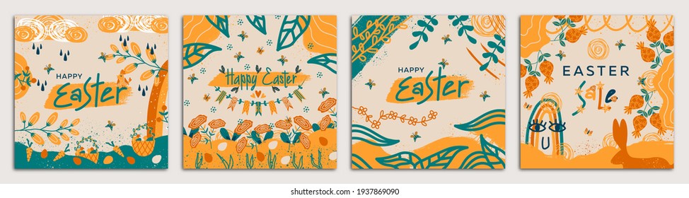 Fancy vector image of an Easter square card template. Can be used in social media, postcard, invitation, online advertising and banner design. Vector illustration. All objects are isolated