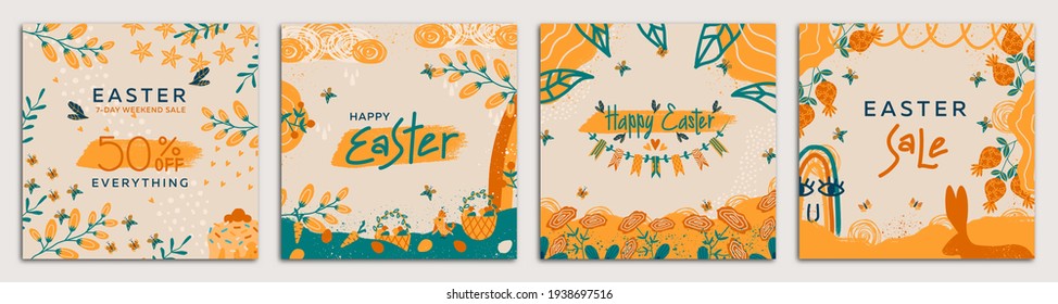 Fancy vector image of an Easter square card template. Can be used in social media, postcard, invitation, online advertising and banner design. Vector illustration. All objects are isolated