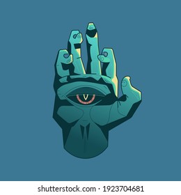 Fancy vector image of a hand with an eye. The concept of a magic eye in a monster hand. Modern fashion illustration for your projects. The object is isolated.