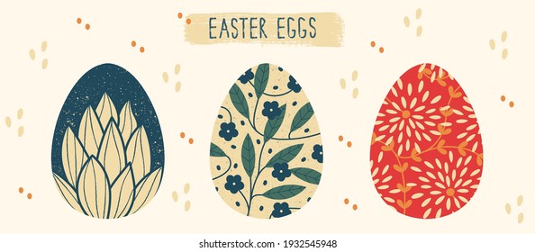 Fancy vector image of happy Easter eggs. Easter colourful floral designs. Modern vector illustration. Can be used for postcard, flyer, print. All objects are isolated 