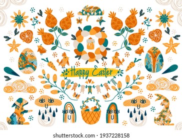 Fancy vector set of elements for Easter. Flowers, hare, butterflies, rainbow, basket, carrot hand drawn. Can be used for posters, prints, pattern, textiles. All elements are insulated 