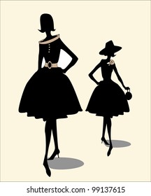 Fancy vintage silhouette of two girls