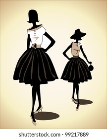 Fancy vintage silhouette of two girls