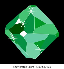 Fancy vivid green emerald crystal gem isolated on black background. Vector illustration jewel or precious diamond gem.