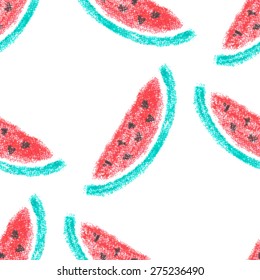 Fancy watermelon seamless pattern. Hand drawn with crayons. Back to school sketchy style