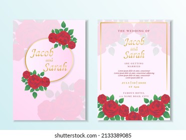 fancy wedding card template with red rose floral frame and gold by vector design