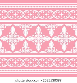 Fancy White Florals Buds Decoration with Luxury Scroll Ornament Stripe Element on Pink Background Seamless Luxury Border Embroidery Brocade Pattern for Medieval Ages Style Decoration Scarf Carpet Silk